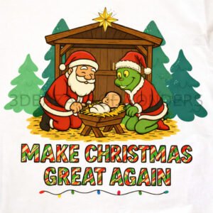 Noel'i Yeniden Muhteşem Hale Getirin Posteri, Tişört Tasarımı – Noel Baba, Grinch ve Bebek İsa Doğuş Sahnesi Sanatı (4500 x 6000 px, 300 DPI PNG)