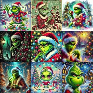 Dijital Grinch Noel Resimleri - Yeşil Canavar Noel Baba İllüstrasyonu - Noel Dekorasyonu - Anında İndirme