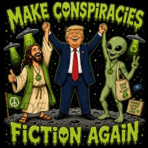 “Make Conspiracies Fiction Again” – T- shirt, poster, mug design – 2500 x 2500 pixels 300 DPI – Politic Meme