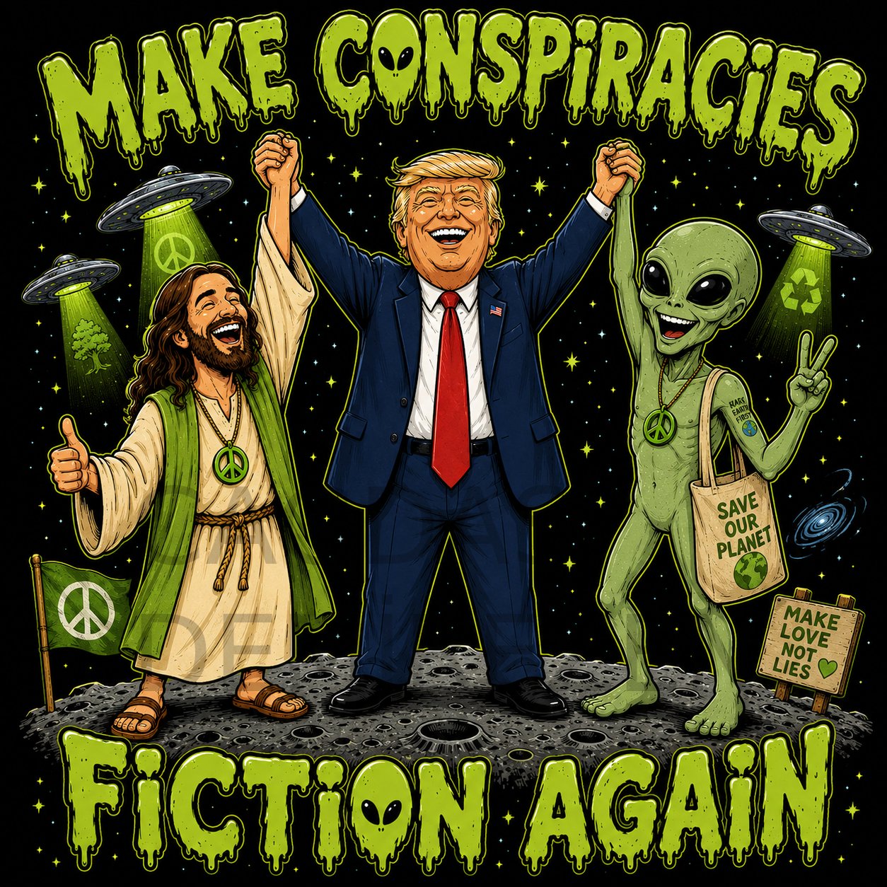 “Make Conspiracies Fiction Again” – T- shirt, poster, mug design – 2500 x 2500 pixels 300 DPI – Politic Meme